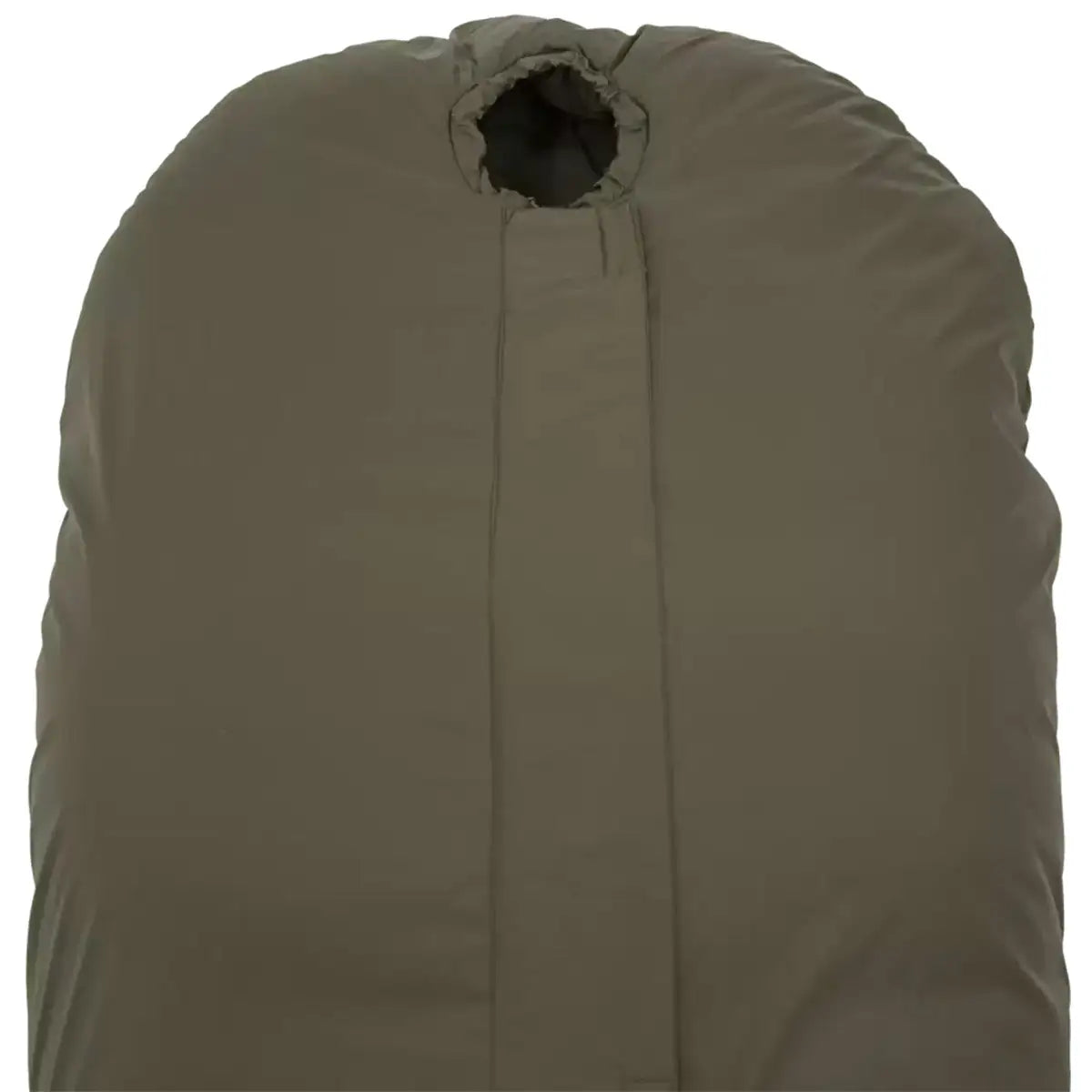 Close-up of the Carinthia Defence 4 Sleeping Bag Olive Green hood section, designed for enhanced head insulation in extreme weather conditions. from John Bull Clothing