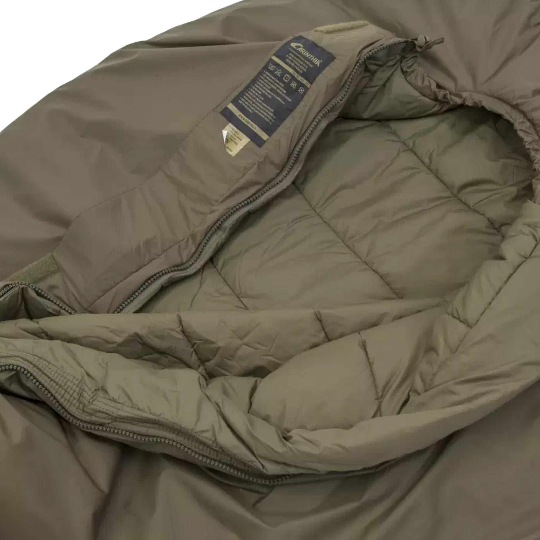 Detailed view of the Carinthia Defence 4 Sleeping Bag Olive Green interior, showing its quilted lining and durable fabric for maximum comfort.