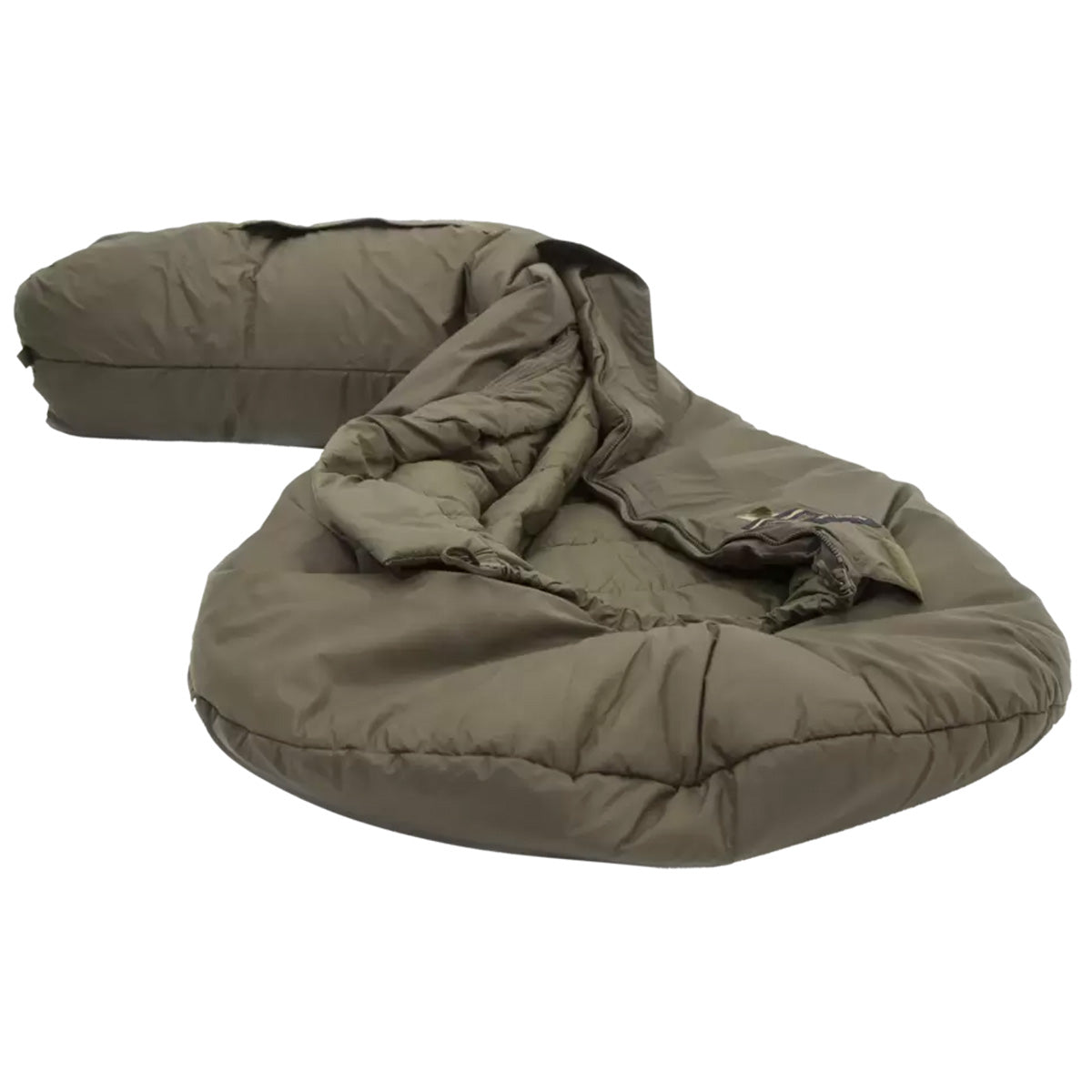 Carinthia Defence 4 Sleeping Bag Olive Green, partially unzipped to reveal its insulated interior, designed for cold-weather camping and hiking.