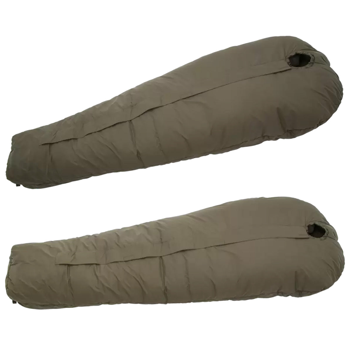 Carinthia Defence 4 Sleeping Bag Olive Green, displayed in two different angles, highlighting its compact and insulated design for outdoor use.