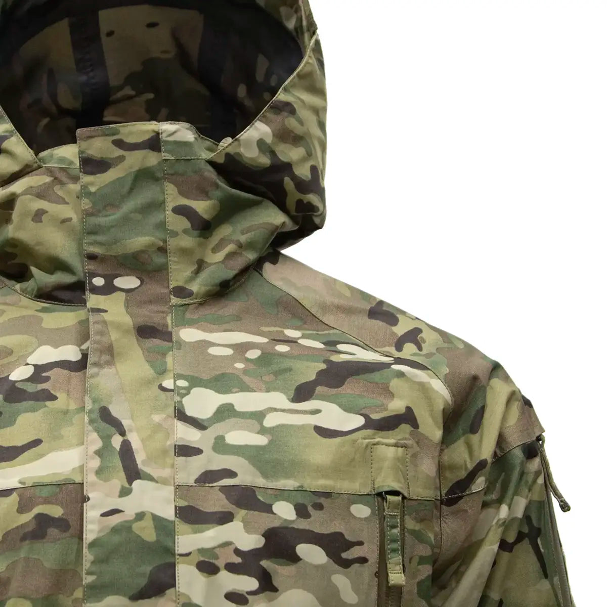 Front upper section of Carinthia PRG 2.0 Waterproof Jacket Multicam showing reinforced seams and camouflage pattern.