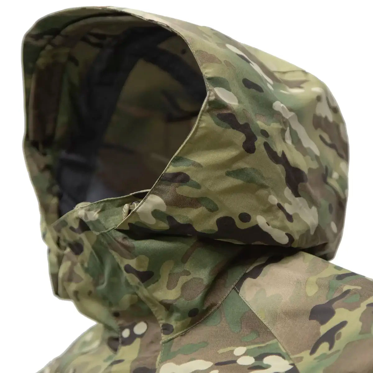 Side view of hood on Carinthia PRG 2.0 Waterproof Jacket Multicam, designed for full head coverage and protection in harsh environments.