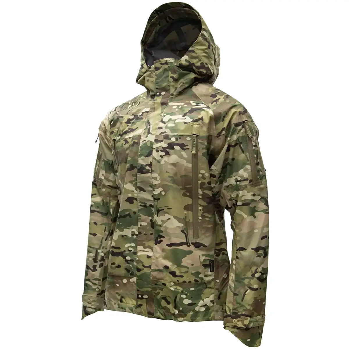Angled front view of Carinthia PRG 2.0 Waterproof Jacket Multicam highlighting chest pockets and ergonomic fit for outdoor performance.