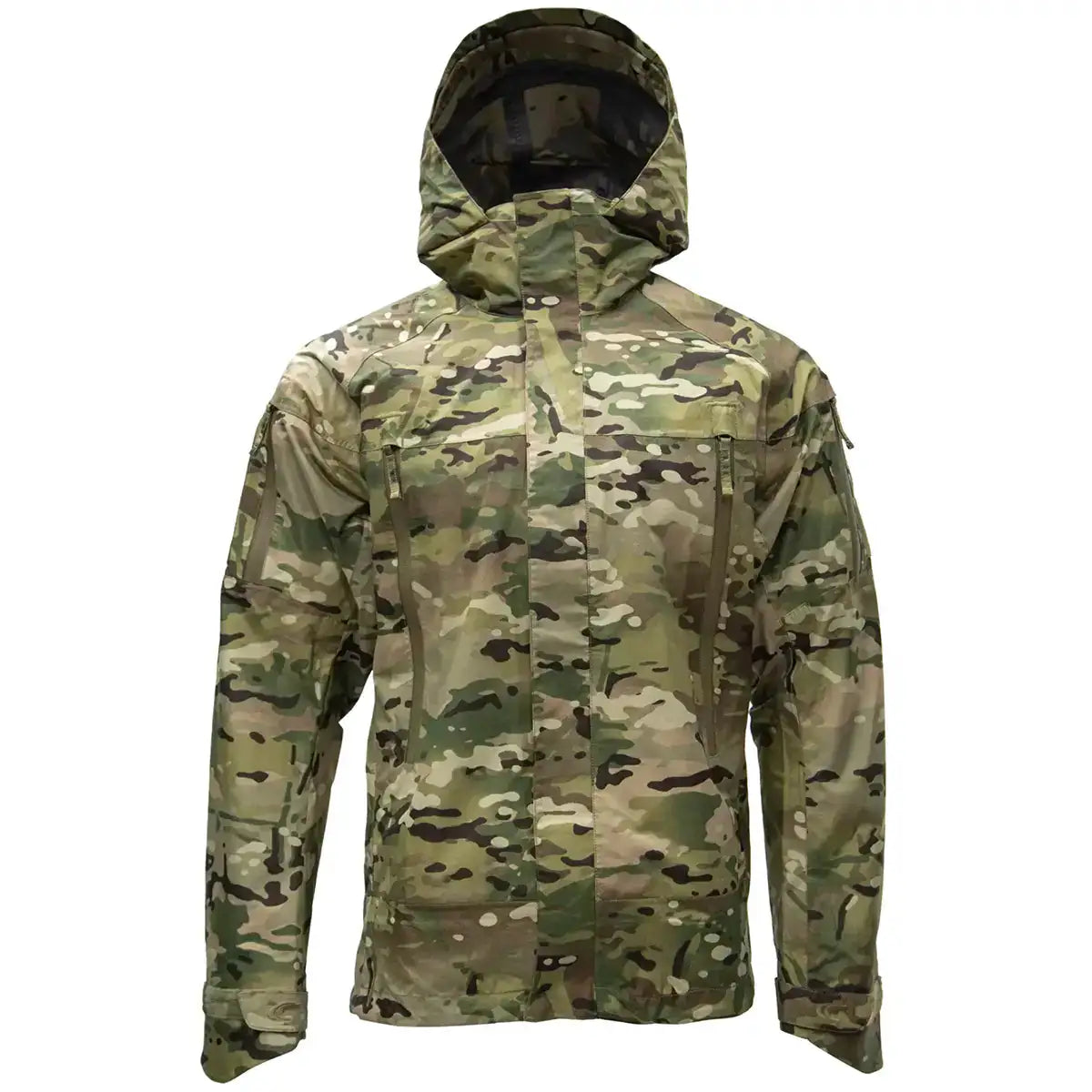 Front view of Carinthia PRG 2.0 Waterproof Jacket Multicam with hood, designed for tactical use in extreme weather conditions. from John Bull Clothing
