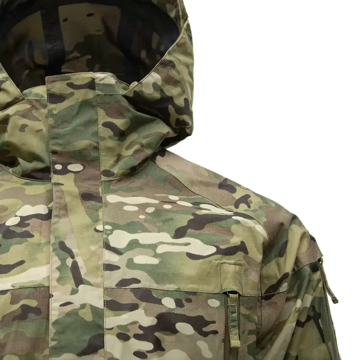 Front upper section of Carinthia PRG 2.0 Waterproof Jacket Multicam showing reinforced seams and camouflage pattern. from John Bull Clothing