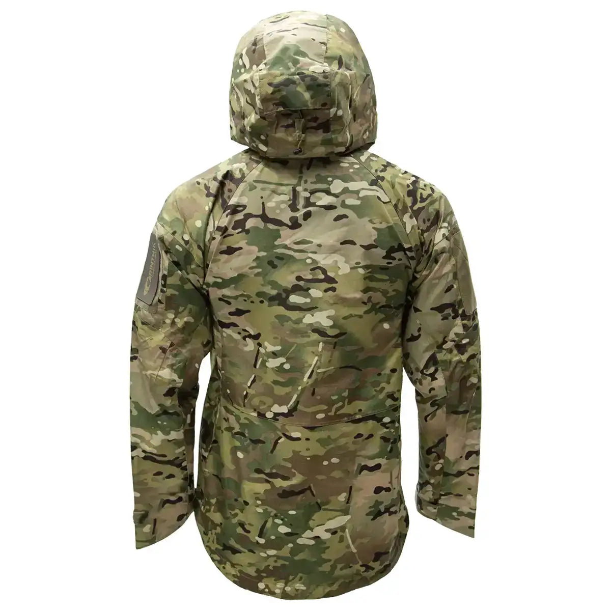 Back view of Carinthia PRG 2.0 Waterproof Jacket Multicam showing full-length coverage and durable construction for field operations. from John Bull Clothing