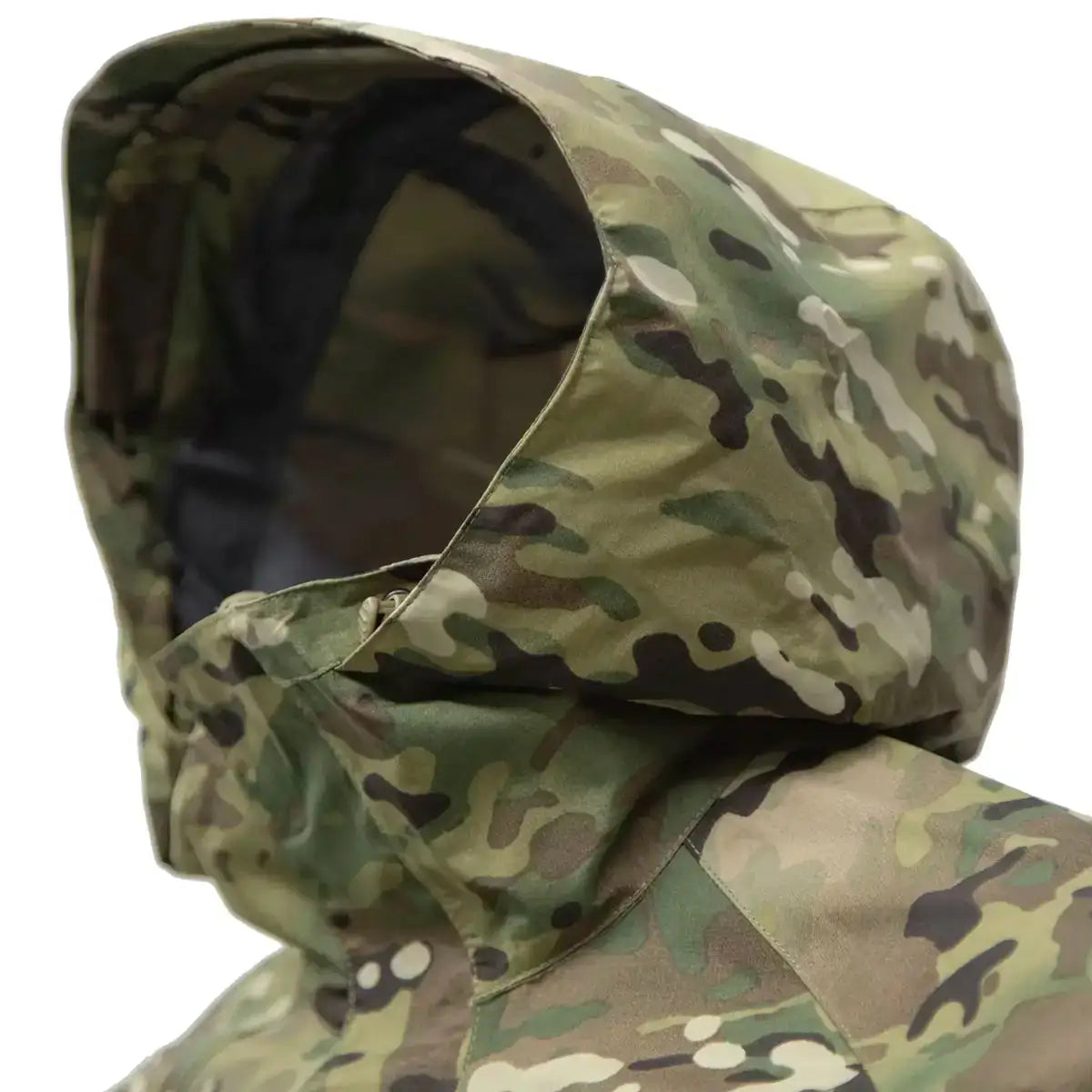 Side view of hood on Carinthia PRG 2.0 Waterproof Jacket Multicam, designed for full head coverage and protection in harsh environments. from John Bull Clothing