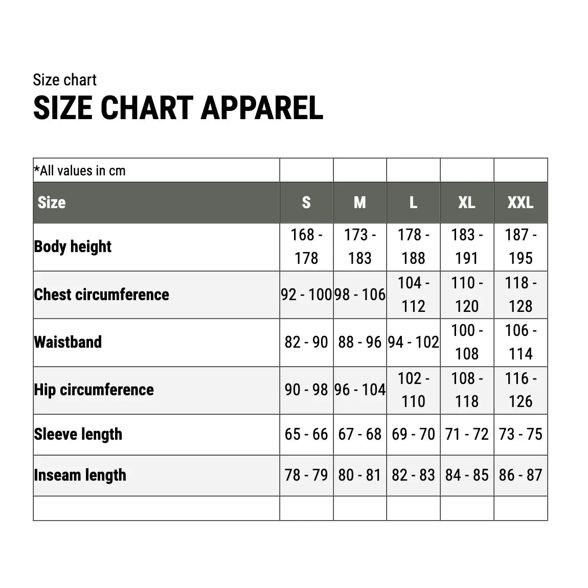 Size chart for apparel showing measurements in cm for small to XXL sizes, including body height, chest, waist, hips, sleeve, and inseam length