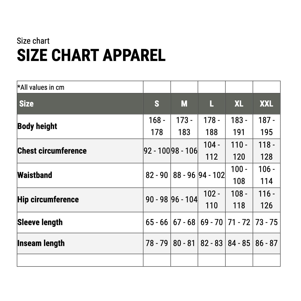 Size chart for Carinthia TLG Jacket G-Loft Multicam, providing measurements for body height, chest, waist, hip circumference, and sleeve length.