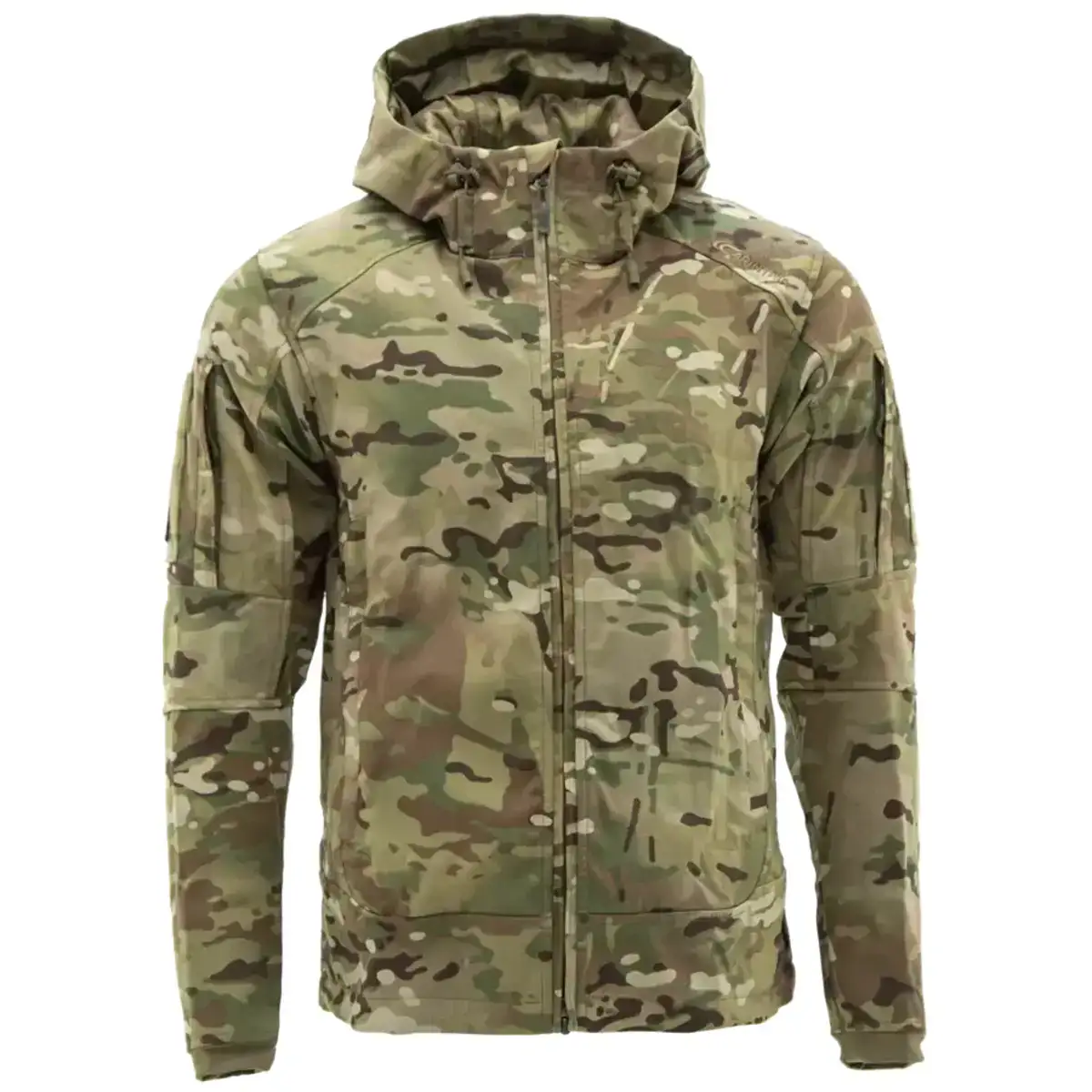 Carinthia Special Forces Softshell Jacket Multicam in camouflage pattern with hood, front zipper, and tactical design, ideal for military use. from John Bull Clothing