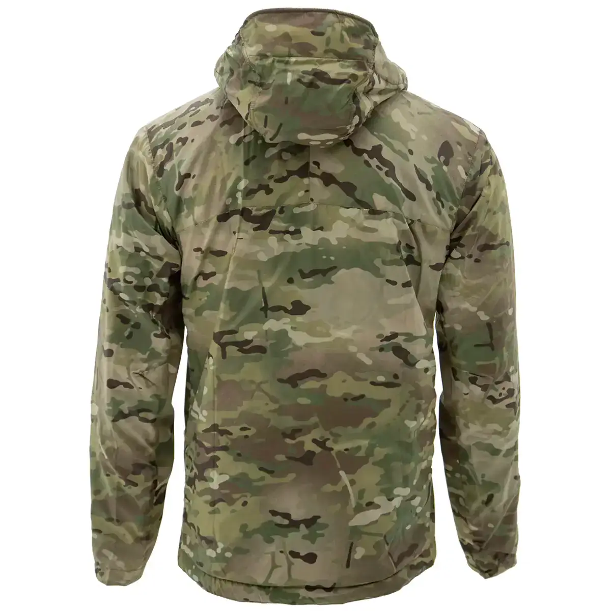 Back view of Carinthia TLG 2.0 G-Loft Jacket in Multicam, featuring adjustable hood and reinforced stitching for military outdoor activities