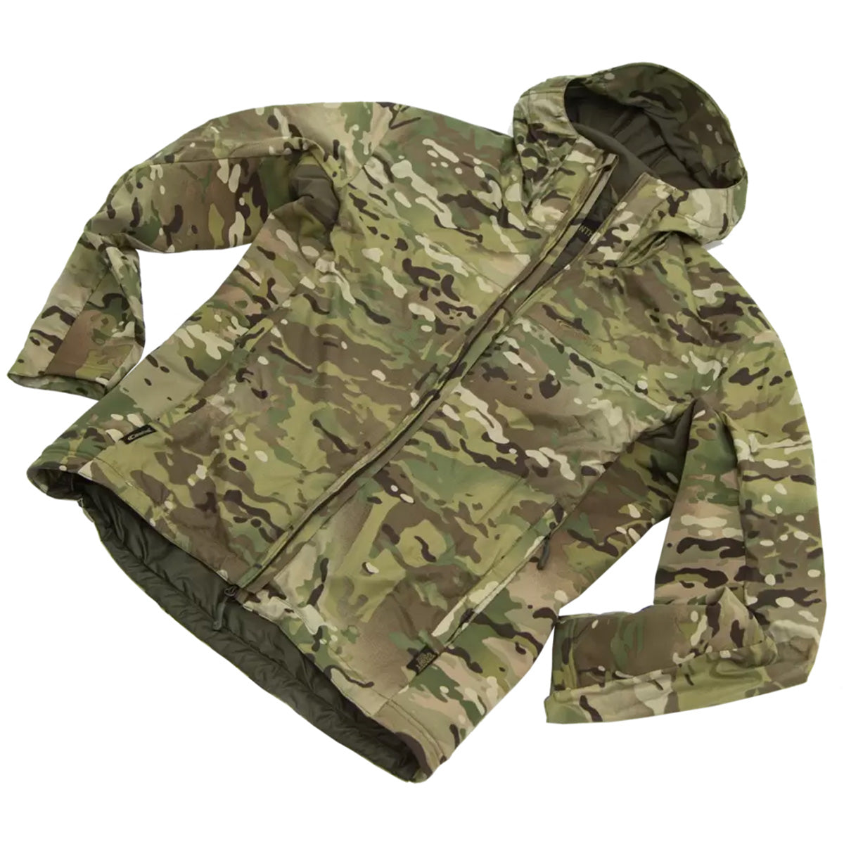Carinthia TLG Jacket G-Loft Multicam laid flat, displaying its lightweight insulation and functional design for extreme weather conditions.