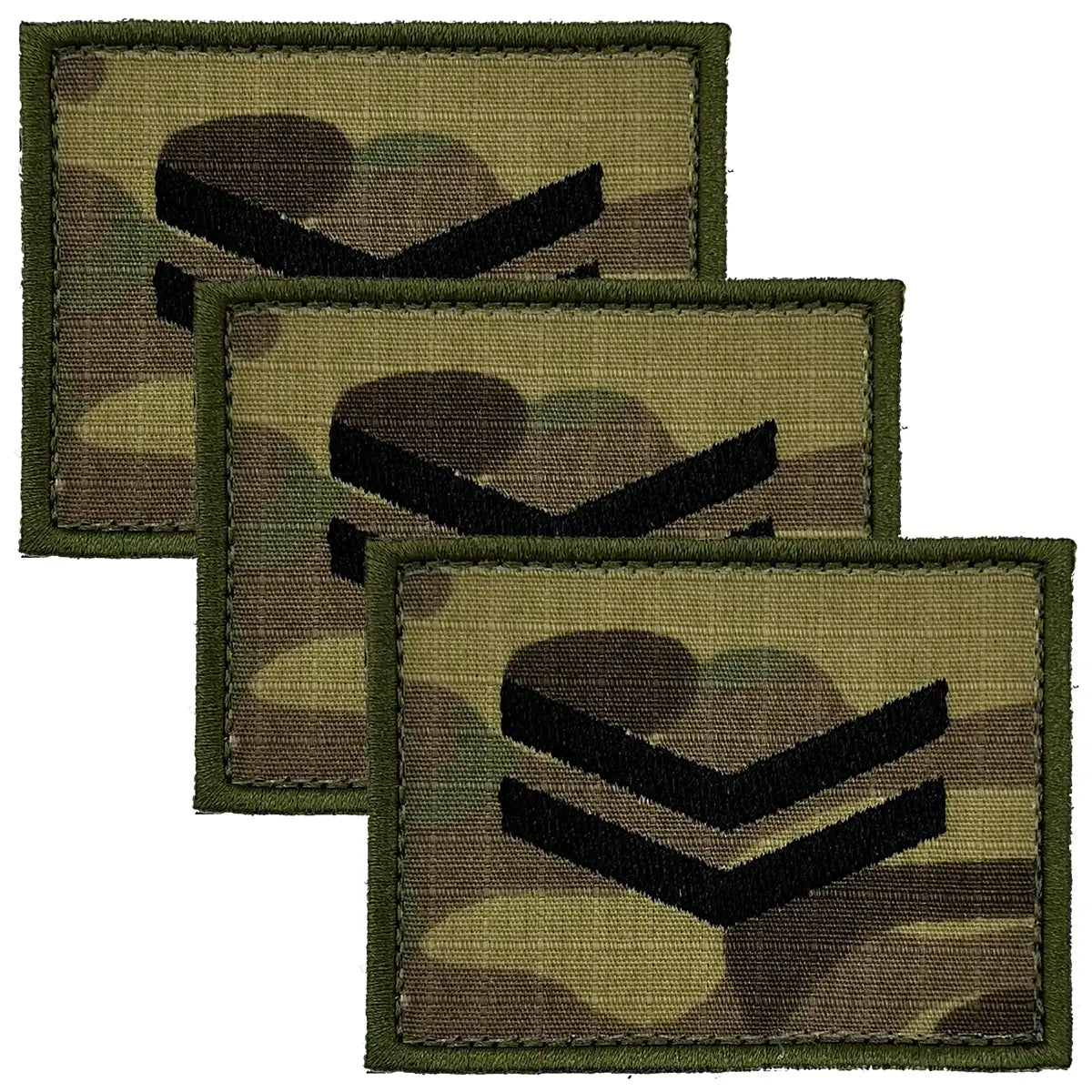 Camouflage rank insignia patch with black chevrons and crown
