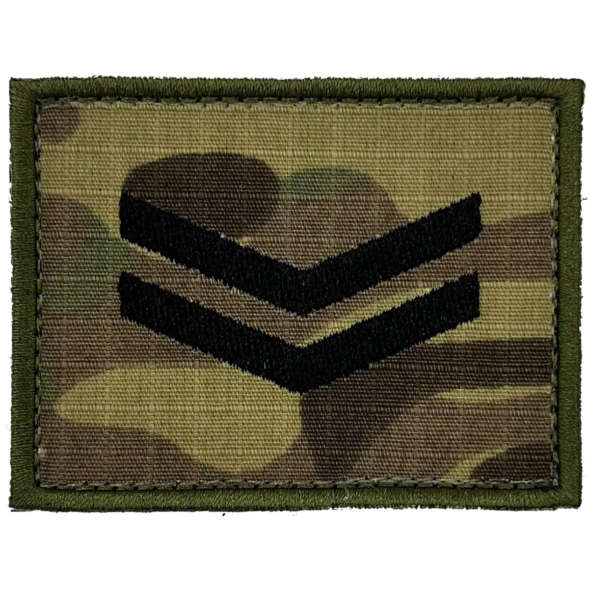 Front view of camouflage military rank patch with black chevrons