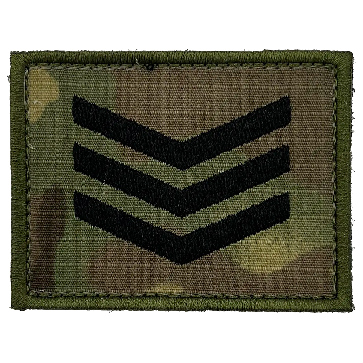 Back view of camouflage military rank patch with crown and chevrons