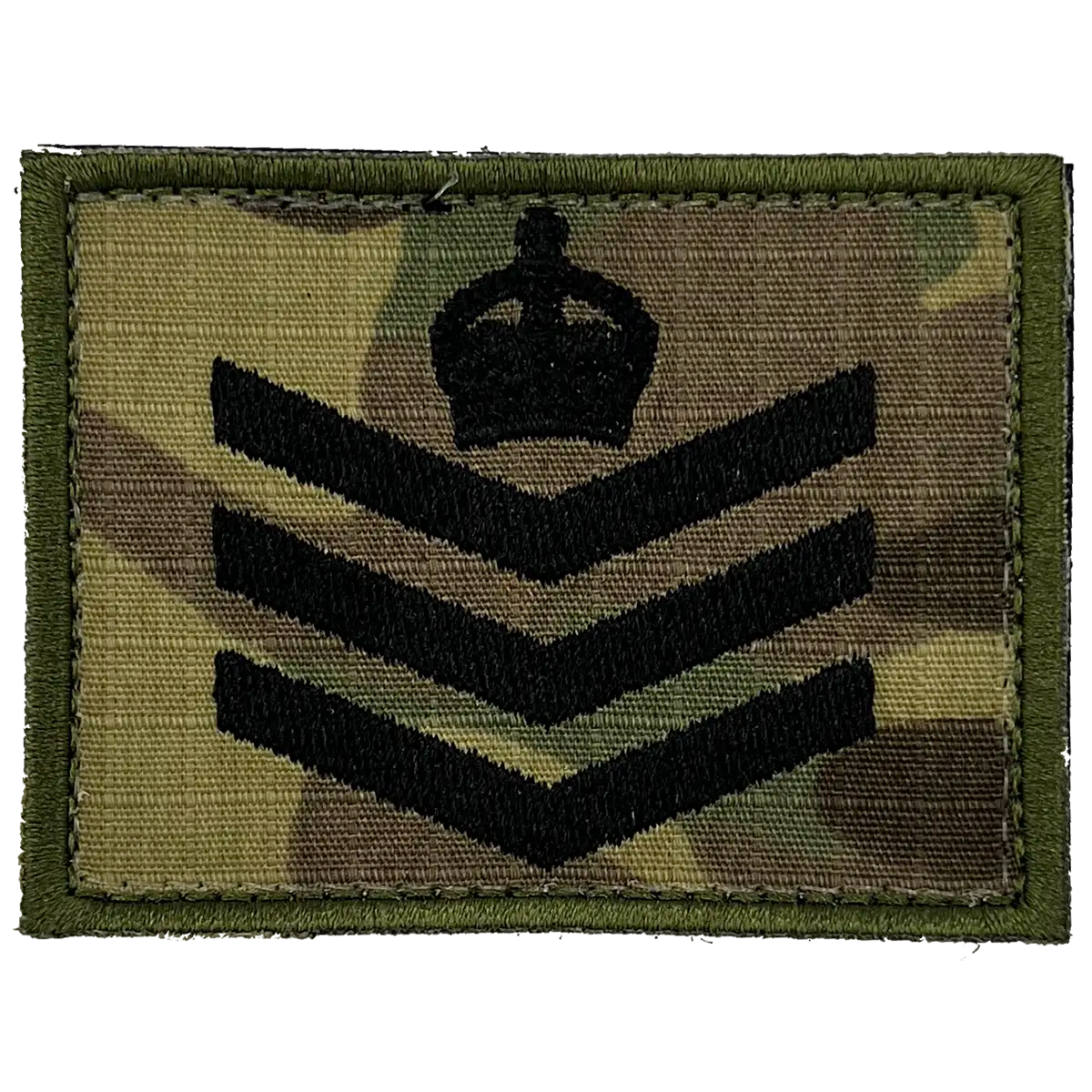 Military rank chevron patch with crown emblem on camouflage background