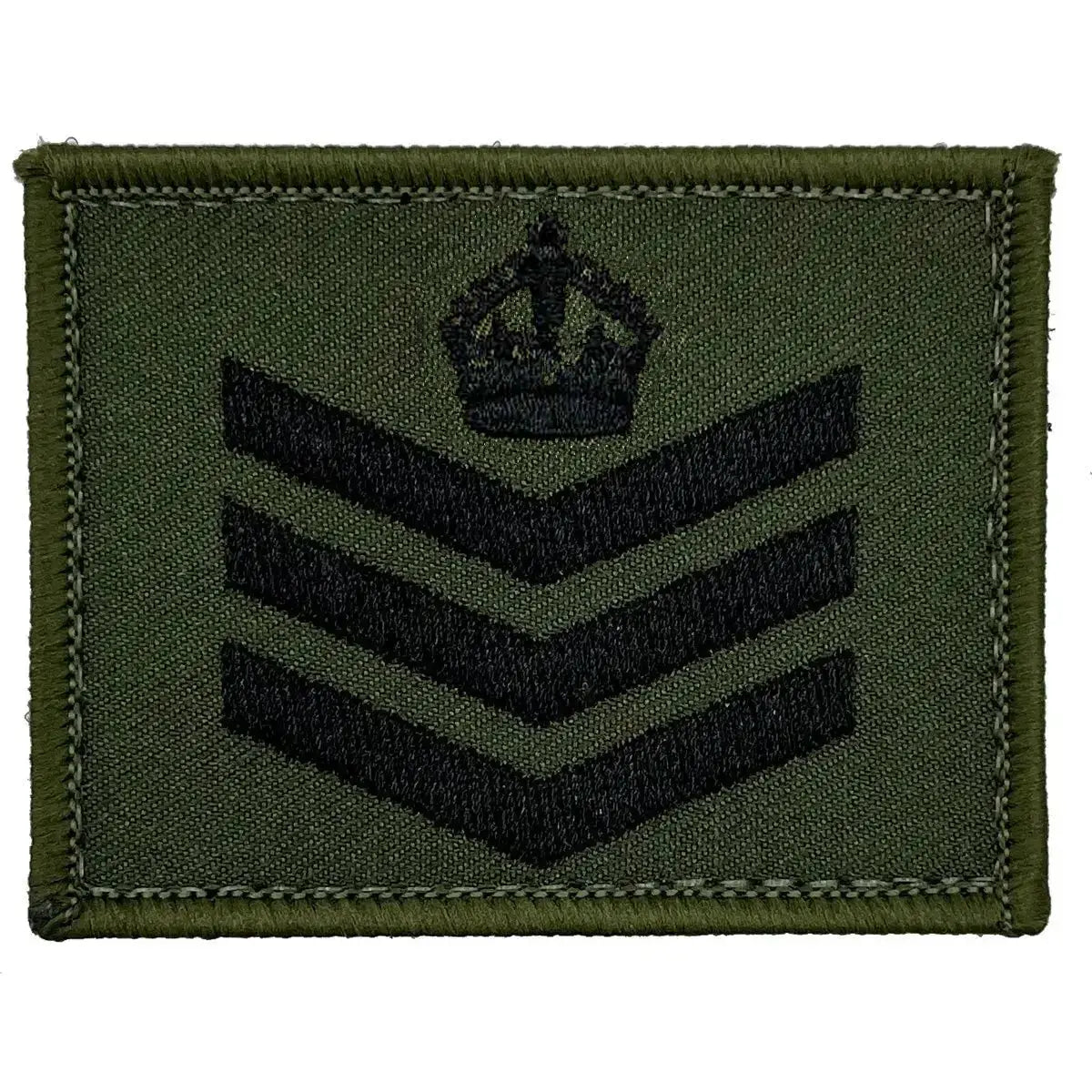 Commando Rank Square in Olive with Black Embroidery - Staff Sergeant with Kings Tudor Crown - Hook & Loop Backing