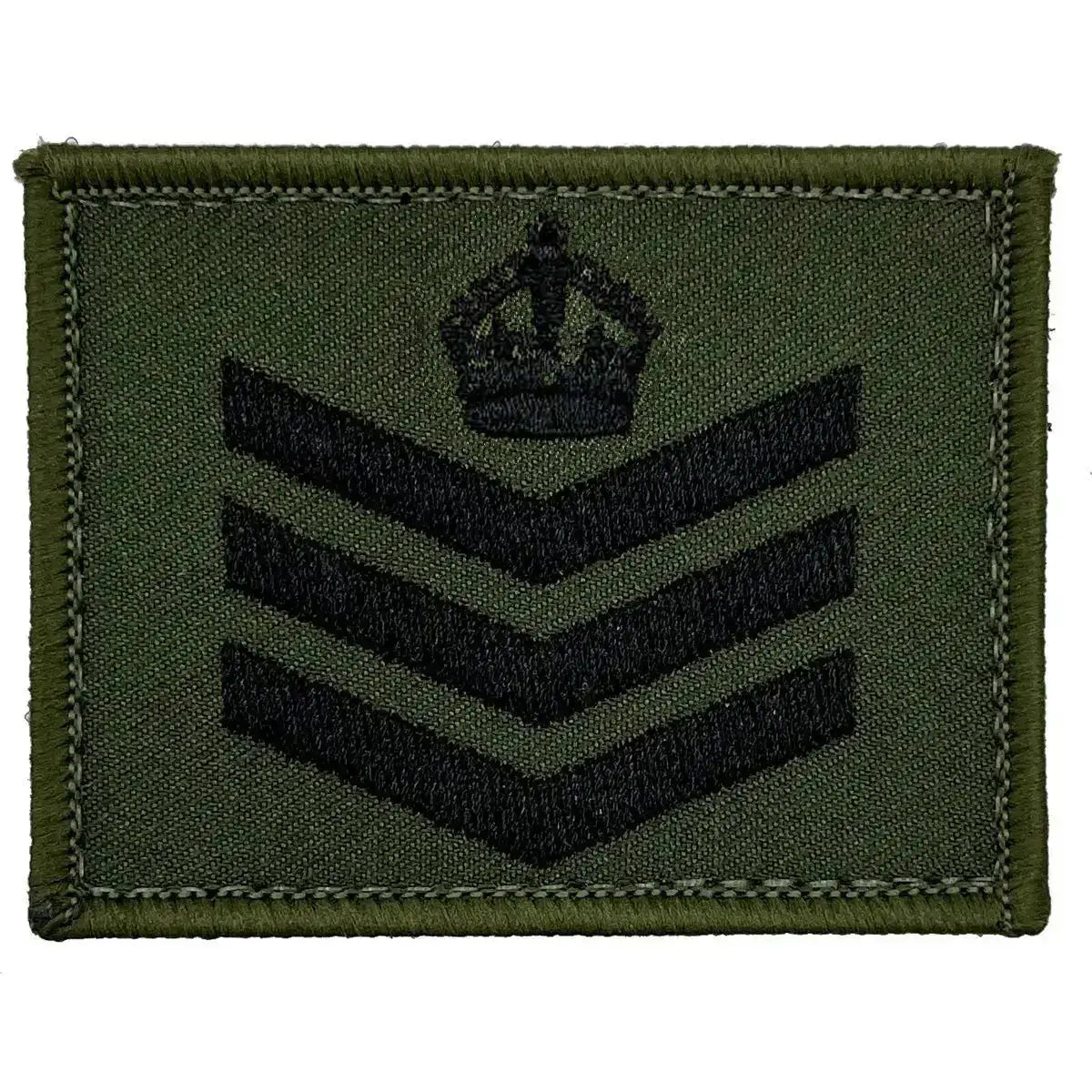 Commando Rank Square in Olive with Black Embroidery - Staff Sergeant with Kings Tudor Crown - Hook & Loop Backing Staff Sergeant (Kings Crown) from John Bull Clothing