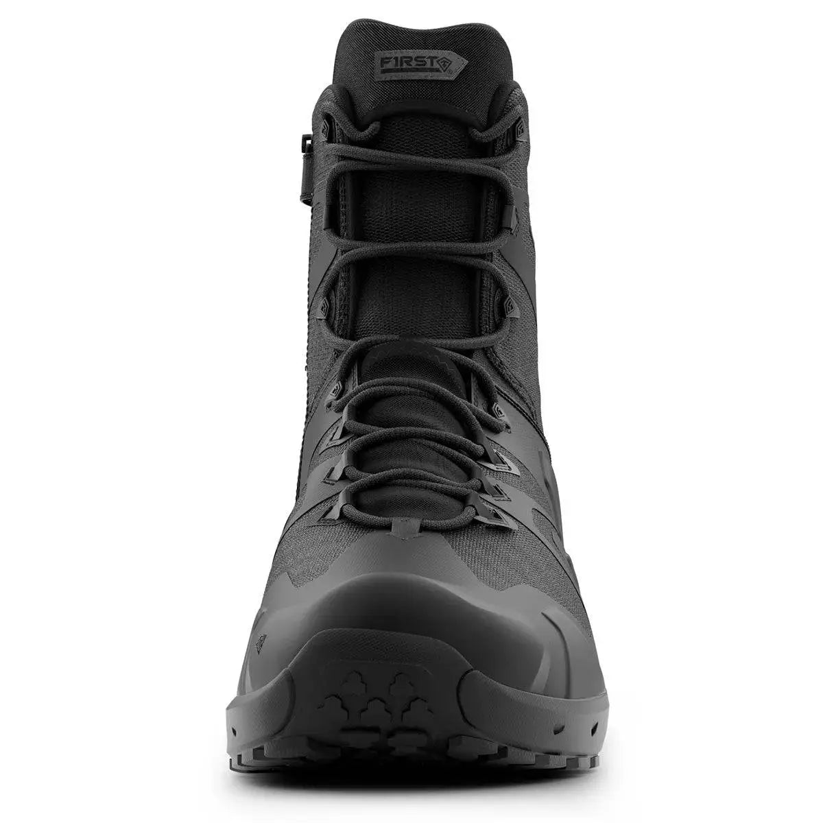 Front view of First Tactical Men's 8" Aero-Tac Side-Zip Black Boot showing lace-up closure and rugged toe protection for tactical performance. from John Bull Clothing