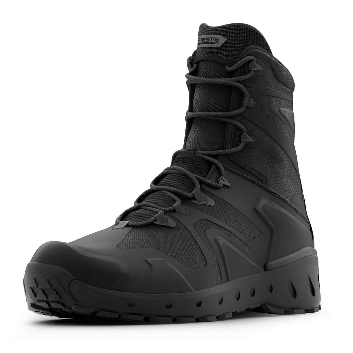 Angled front view of First Tactical Men's 8" Aero-Tac Side-Zip Black Boot showcasing aggressive tread and reinforced toe for tactical durability.