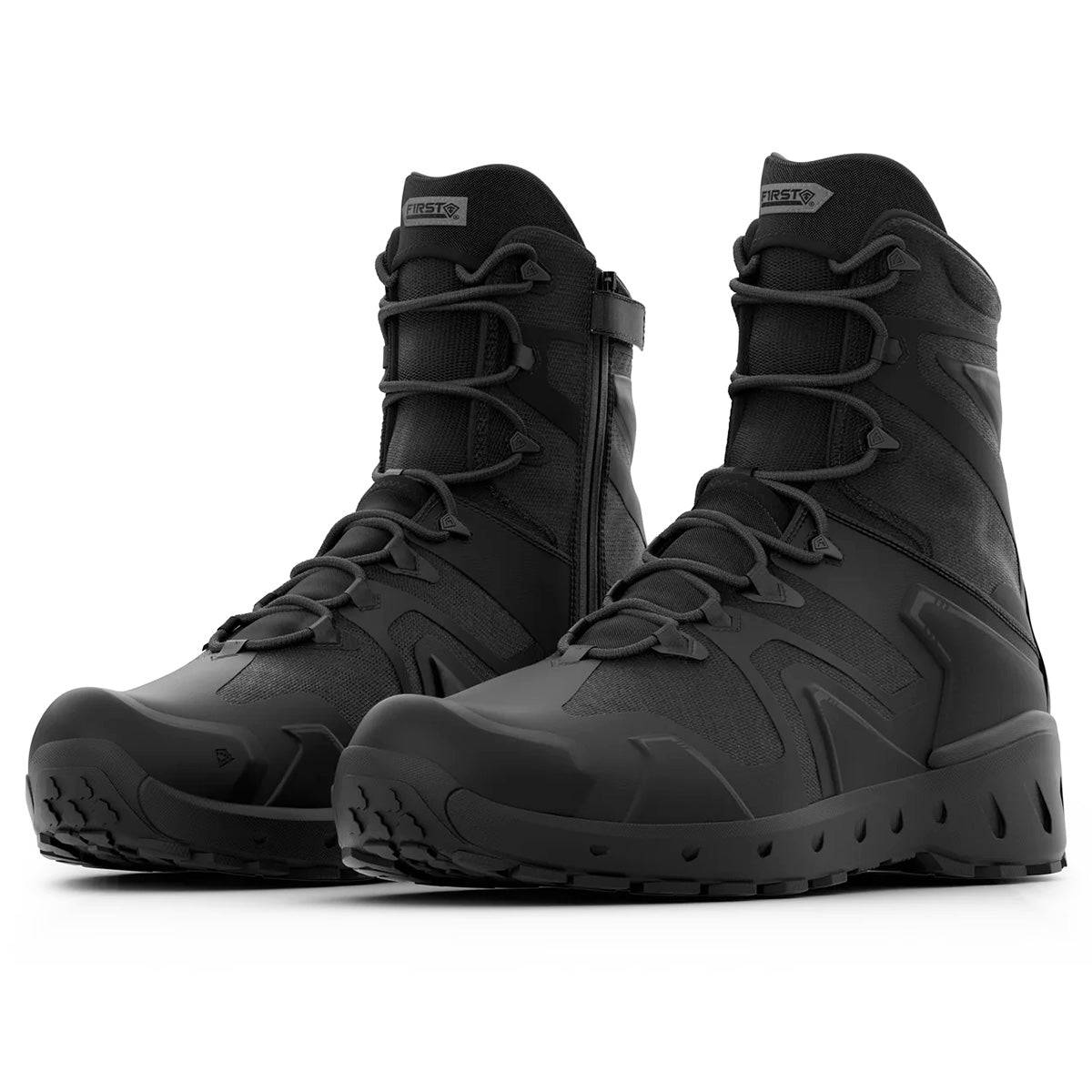 Pair of First Tactical Men's 8" Aero-Tac Side-Zip Black Boots in angled view, designed for agility, comfort, and durability in tactical operations.