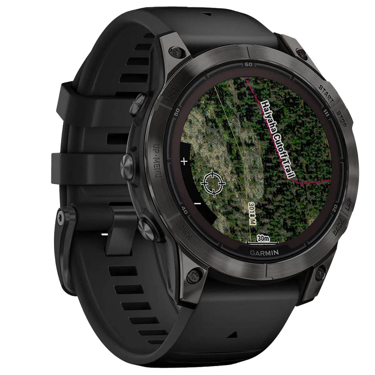 Garmin Fenix 7 Pro Sapphire Solar 47mm Carbon Grey DLC Titanium GPS watch with topographic map display for advanced navigation and tracking.