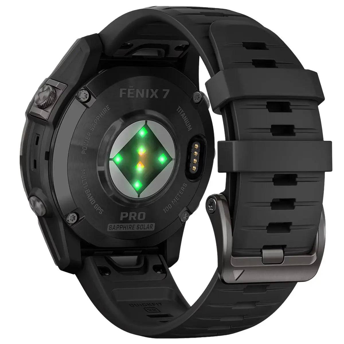Garmin Fenix 7 Pro Sapphire Solar 47mm Carbon Grey DLC Titanium smartwatch rear view showcasing heart rate sensor and titanium build.