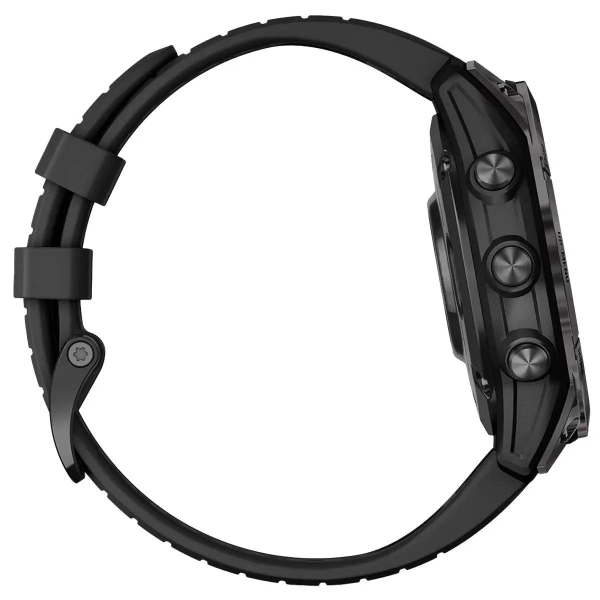 Side profile of Garmin Fenix 7 Pro Sapphire Solar 47mm Carbon Grey DLC Titanium GPS watch highlighting rugged buttons and durable design.