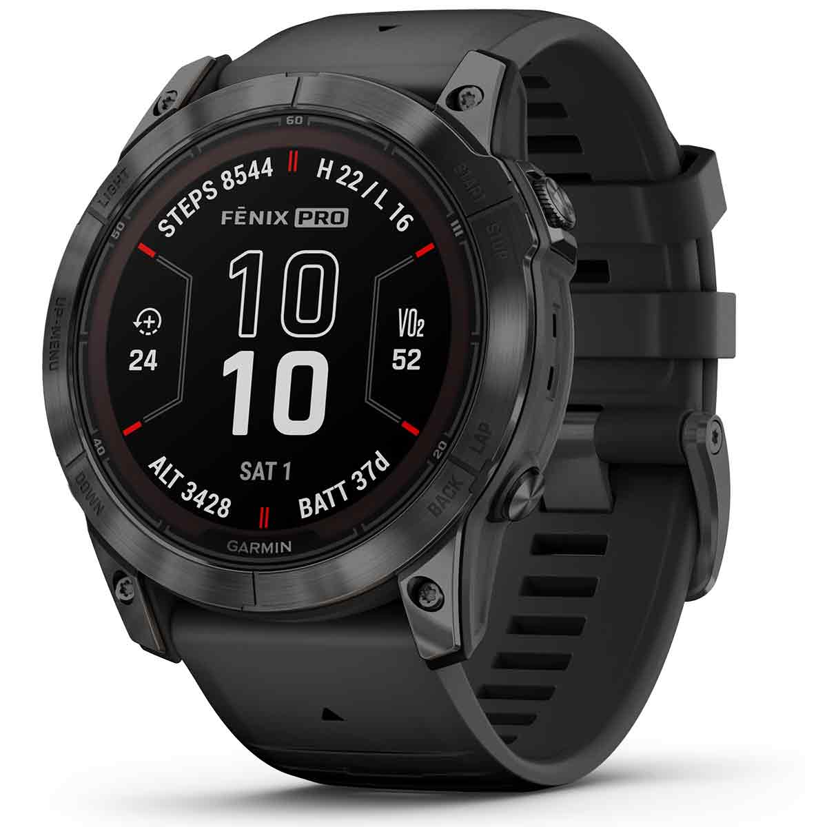 Garmin Fenix 7X Pro Solar Carbon Grey Titanium smartwatch with a rugged design, black silicone strap, and advanced fitness tracking features.