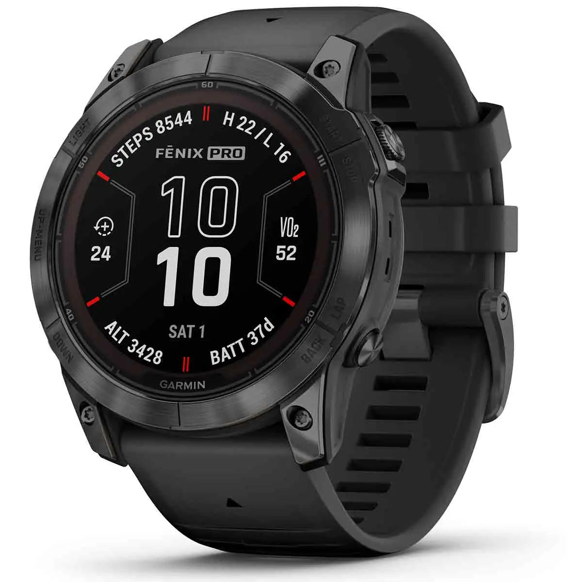 Garmin Fenix 7X Pro Solar Carbon Grey Titanium smartwatch with a rugged design, black silicone strap, and advanced fitness tracking features. from John Bull Clothing