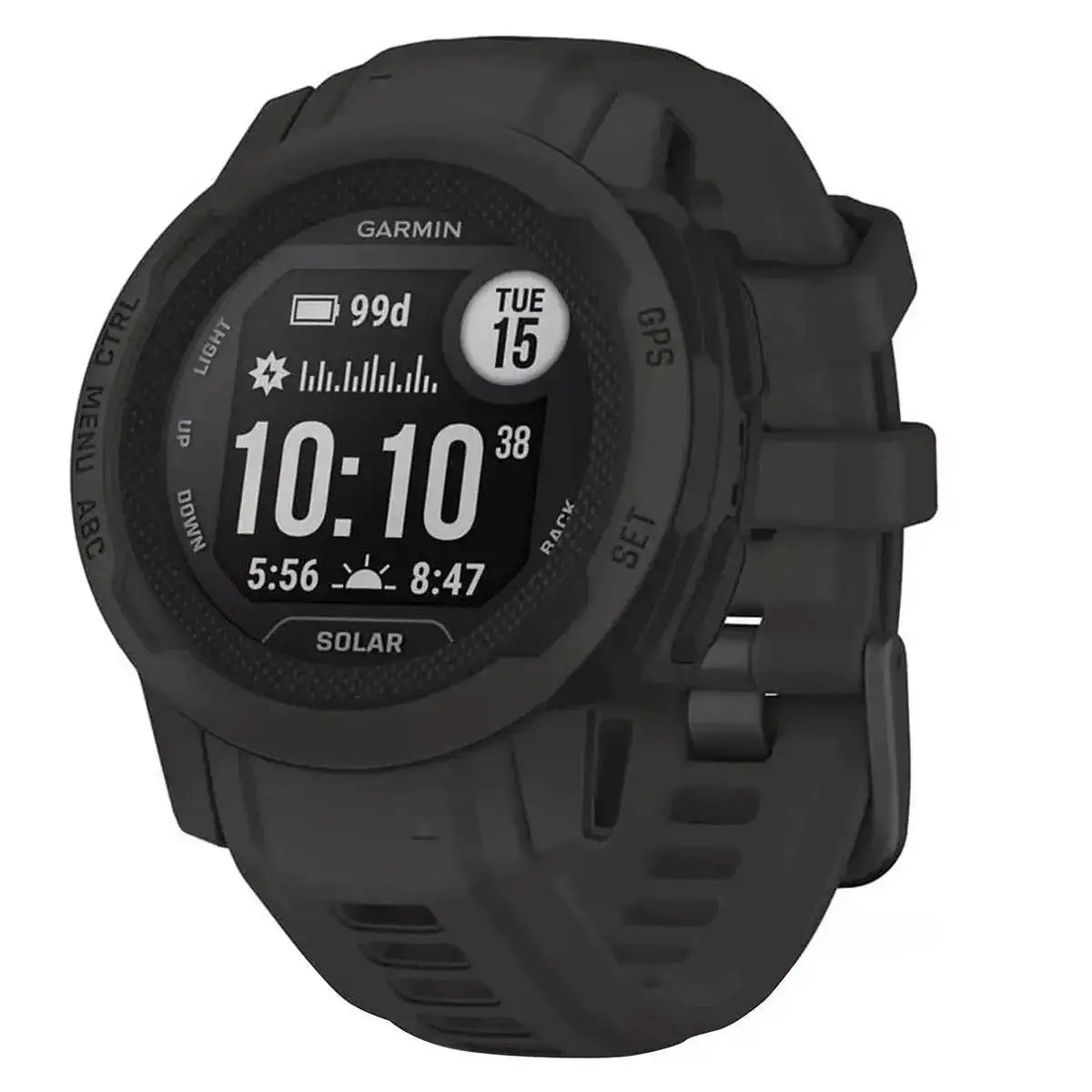 Garmin Instinct 2S Solar Smart Watch in graphite, 40mm, featuring a rugged design with solar charging and GPS functionality for outdoor adventures. from John Bull Clothing
