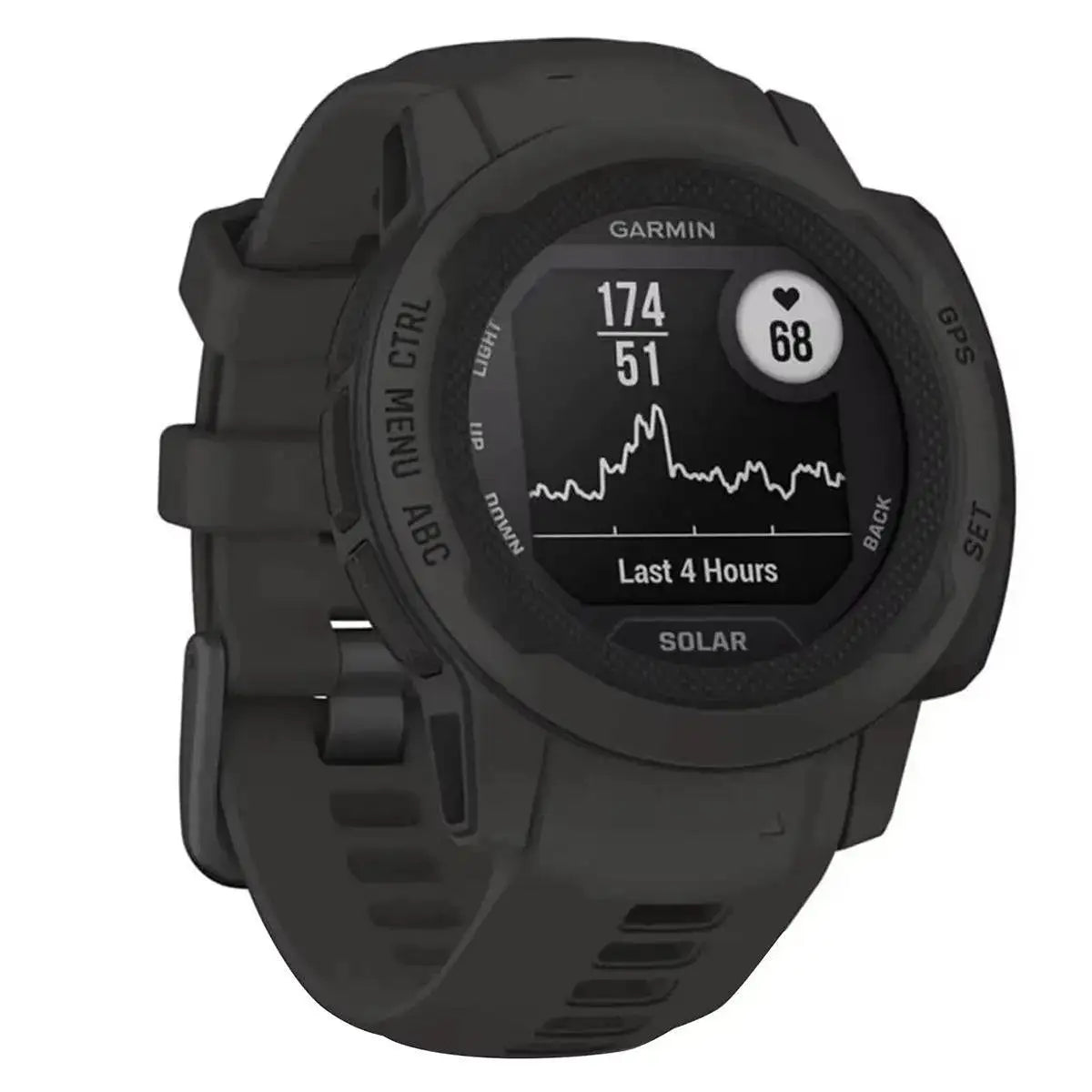 Garmin Instinct 2S Solar Smart Watch showing heart rate monitoring, ideal for tracking fitness and health metrics during workouts and daily activities. from John Bull Clothing