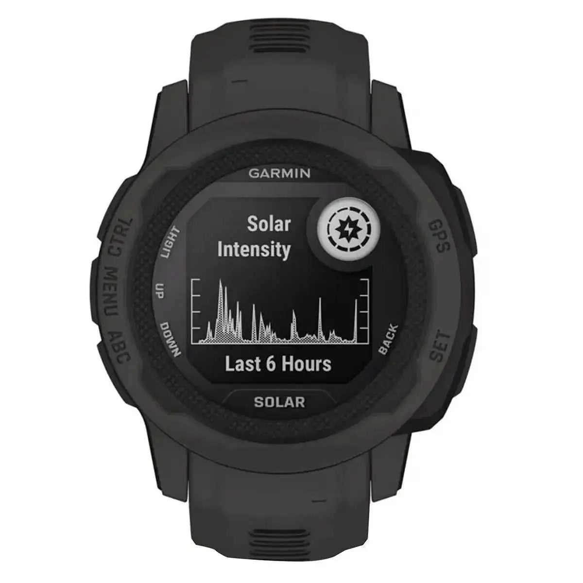 Garmin Instinct 2S Solar Smart Watch displaying solar intensity tracking, ensuring extended battery life for outdoor and fitness enthusiasts. from John Bull Clothing