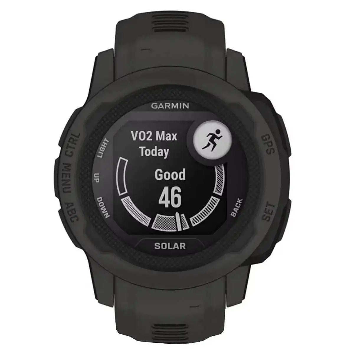 Garmin Instinct 2S Solar Smart Watch displaying VO2 Max tracking, helping users monitor their fitness levels and optimize training performance. from John Bull Clothing