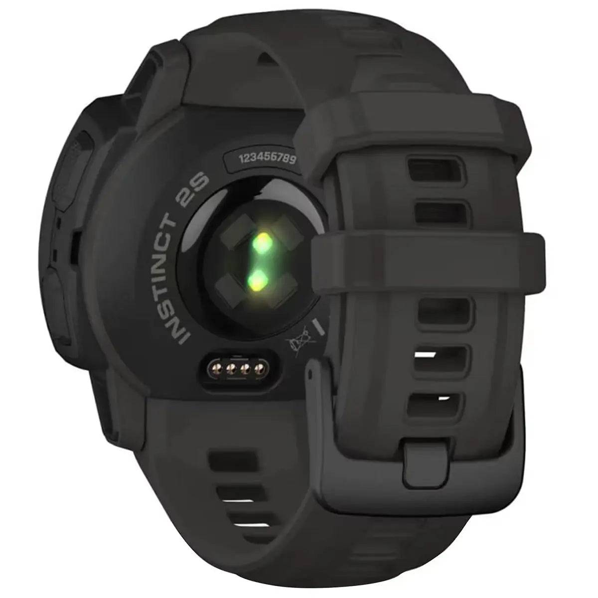 Back view of Garmin Instinct 2S Solar Smart Watch highlighting the heart rate sensor and charging port for continuous health monitoring and power efficiency.