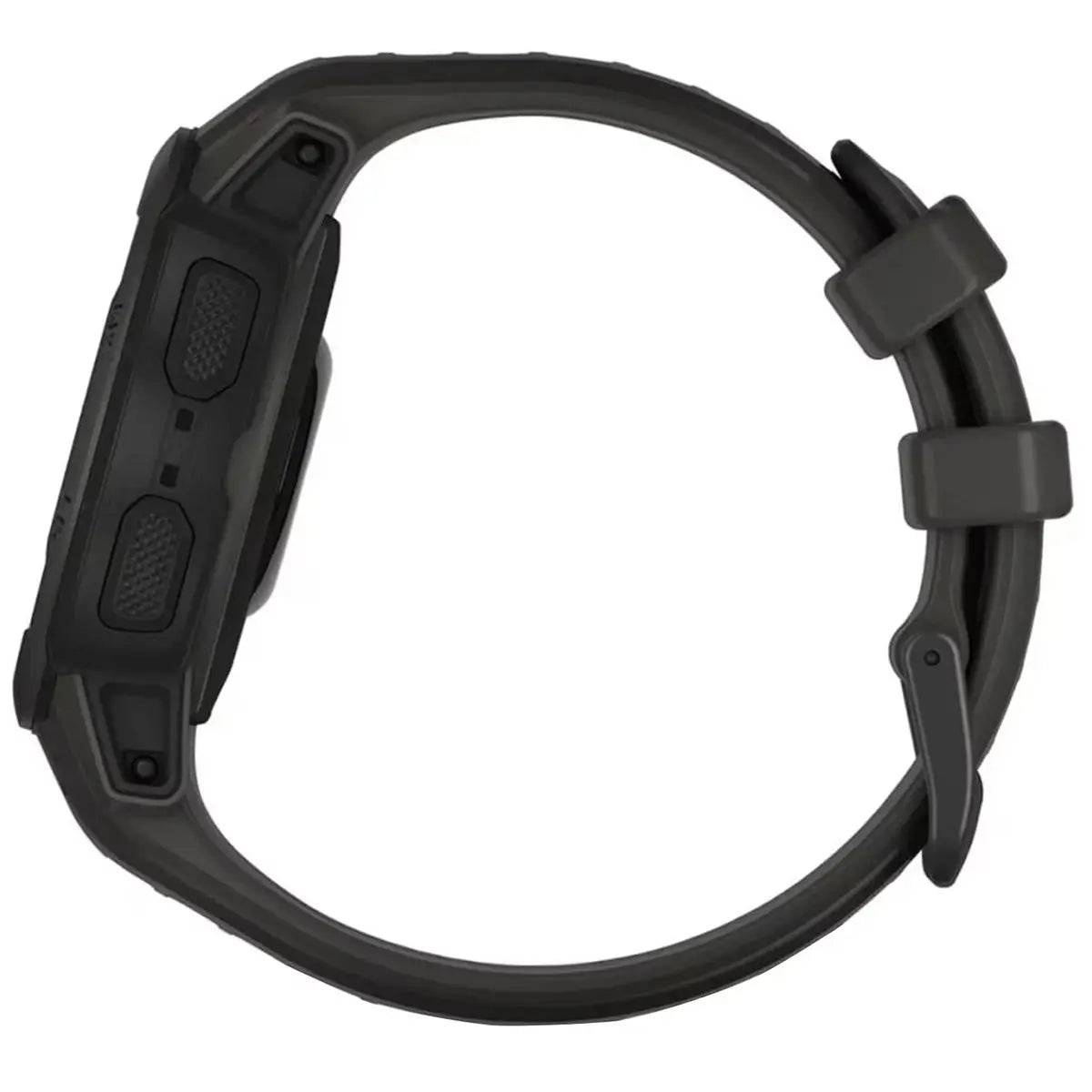 Side profile of Garmin Instinct 2S Solar Smart Watch, emphasizing its rugged construction and adjustable silicone strap for a secure and comfortable fit.