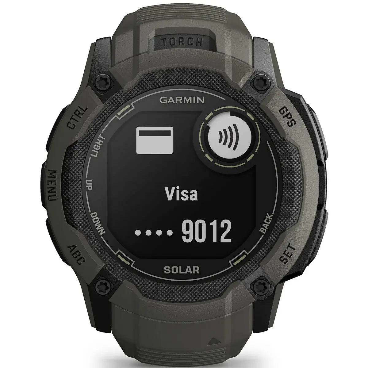 Front view of Garmin Instinct 2X Solar GPS Smartwatch highlighting Garmin Pay contactless payment feature on a rugged, solar-powered screen.