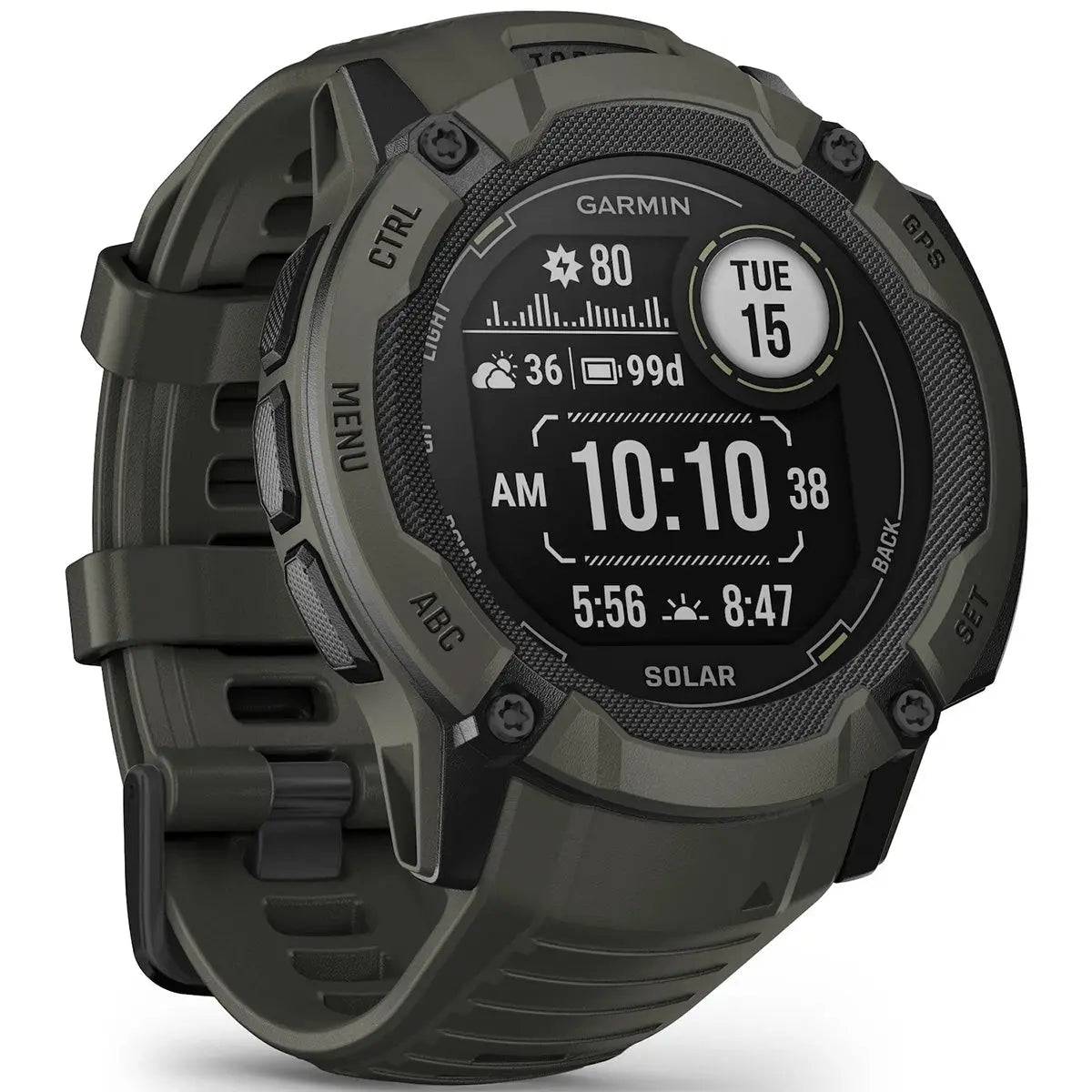 Garmin Instinct 2X Solar GPS Smartwatch with weather, time, and fitness tracking display, built for rugged outdoor use and smart connectivity.