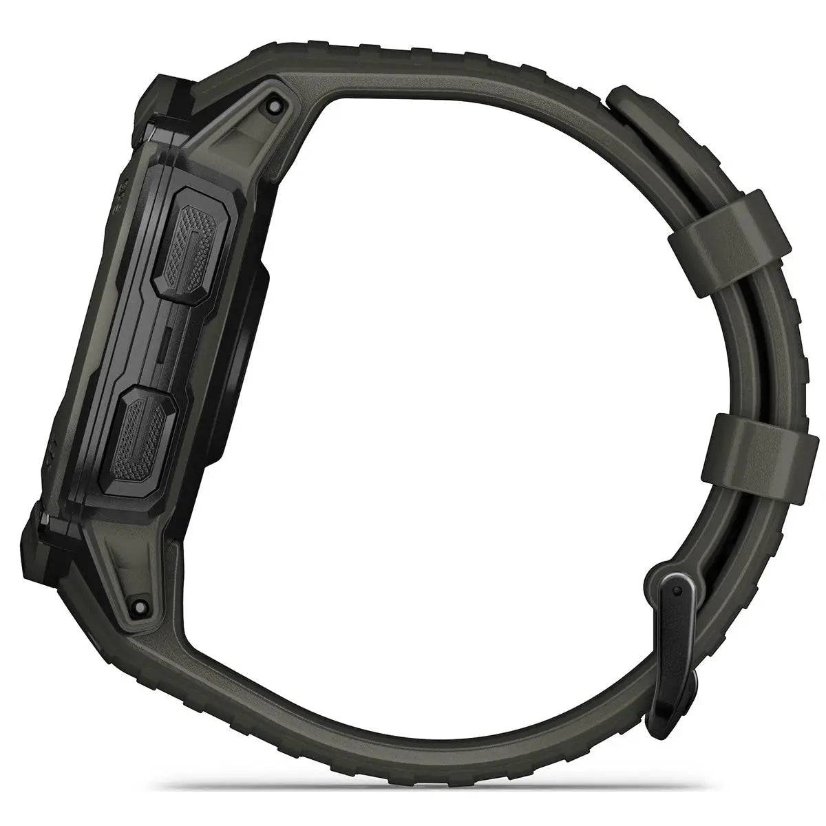 Side profile of Garmin Instinct 2X Solar GPS Smartwatch showcasing rugged build and durable buttons for outdoor and tactical use.