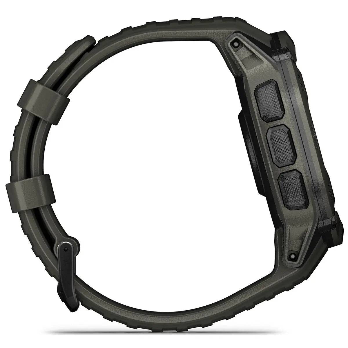 Side view of Garmin Instinct 2X Solar GPS Smartwatch highlighting textured buttons and robust casing for extreme sports and adventure tracking.