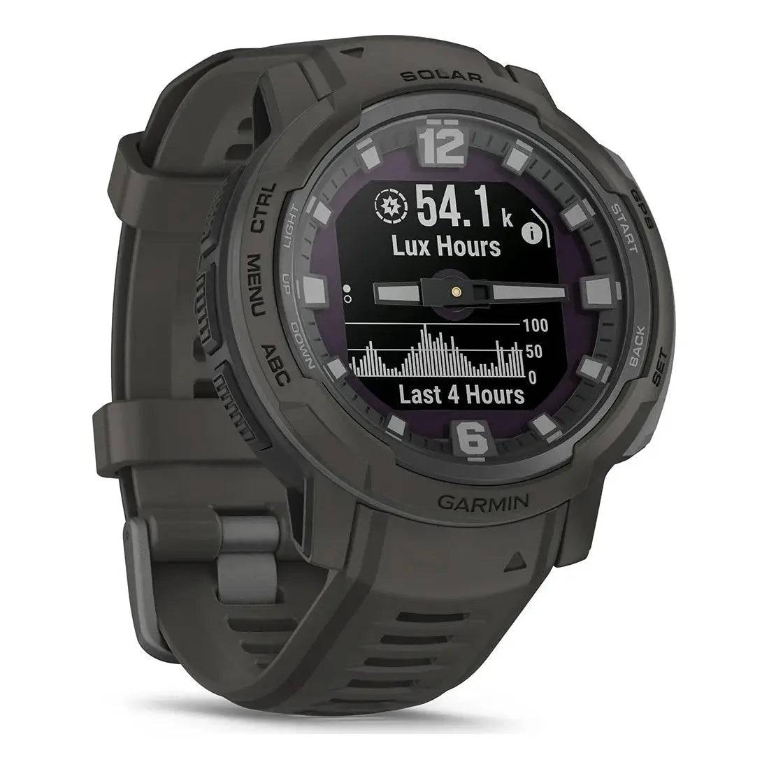 Garmin Instinct Crossover Solar Smartwatch displaying solar intensity tracking, helping users monitor solar energy absorption for extended battery life.