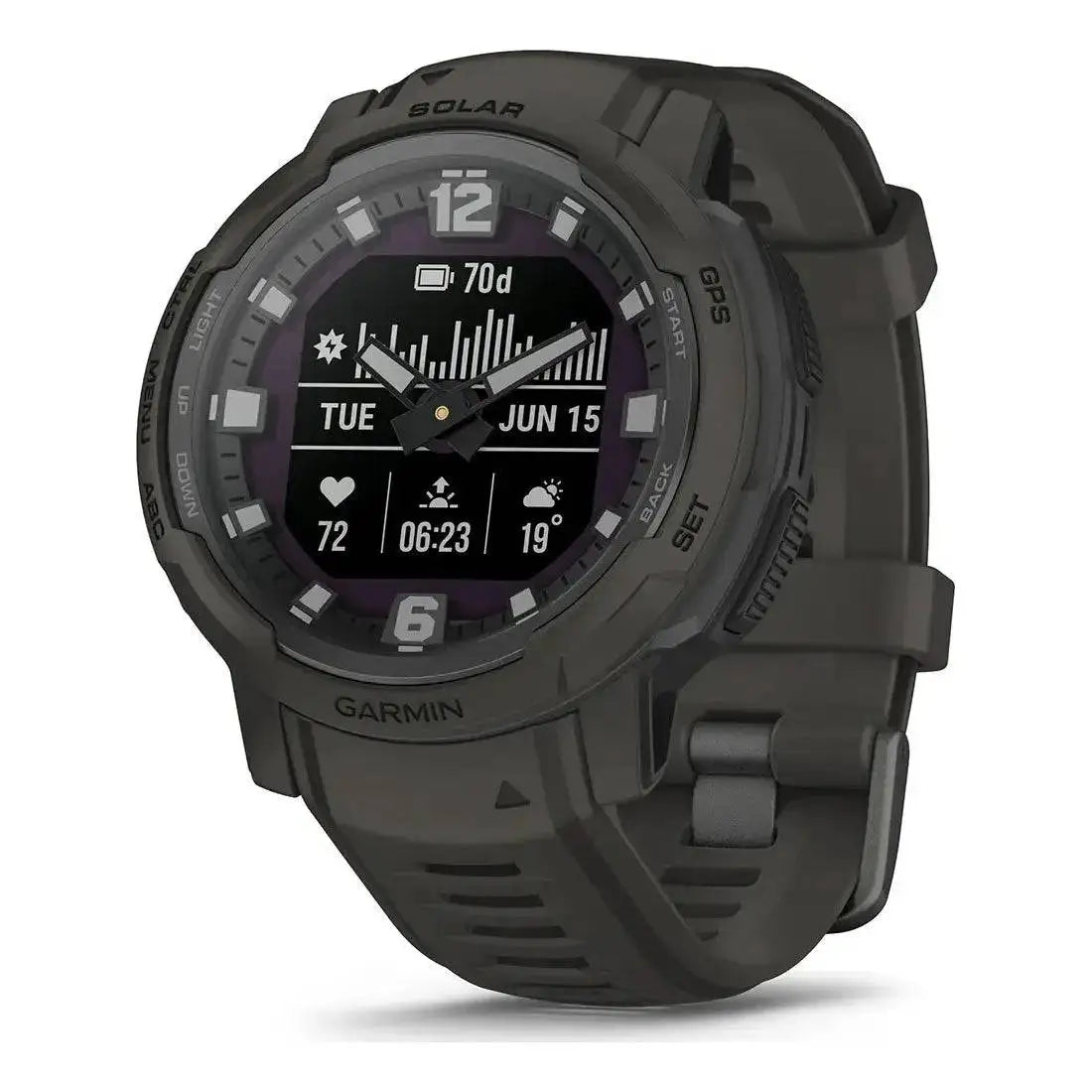 Garmin Instinct Crossover Solar Smartwatch 45mm Hybrid in black, featuring durable construction, solar charging, and advanced GPS tracking. Graphite from John Bull Clothing