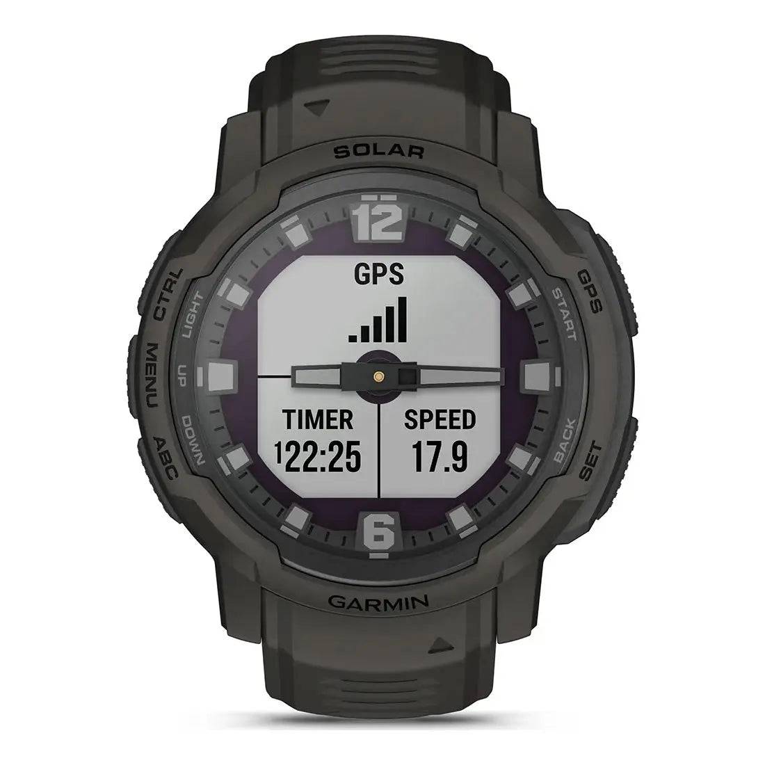 Garmin Instinct Crossover Solar Smartwatch displaying GPS speed and timer functions, ideal for tracking outdoor activities with precision.