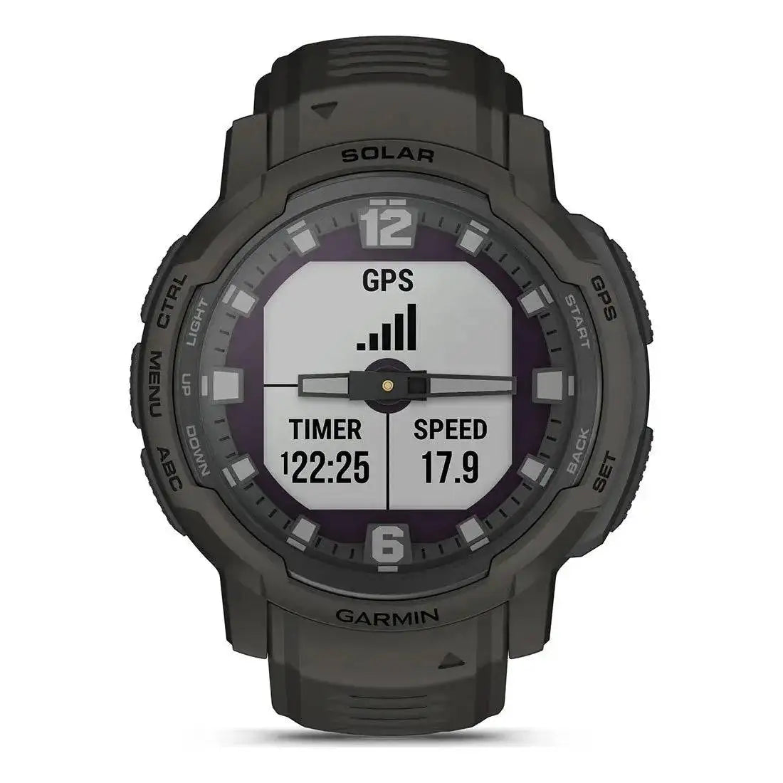 Garmin Instinct Crossover Solar Smartwatch displaying GPS speed and timer functions, ideal for tracking outdoor activities with precision. from John Bull Clothing