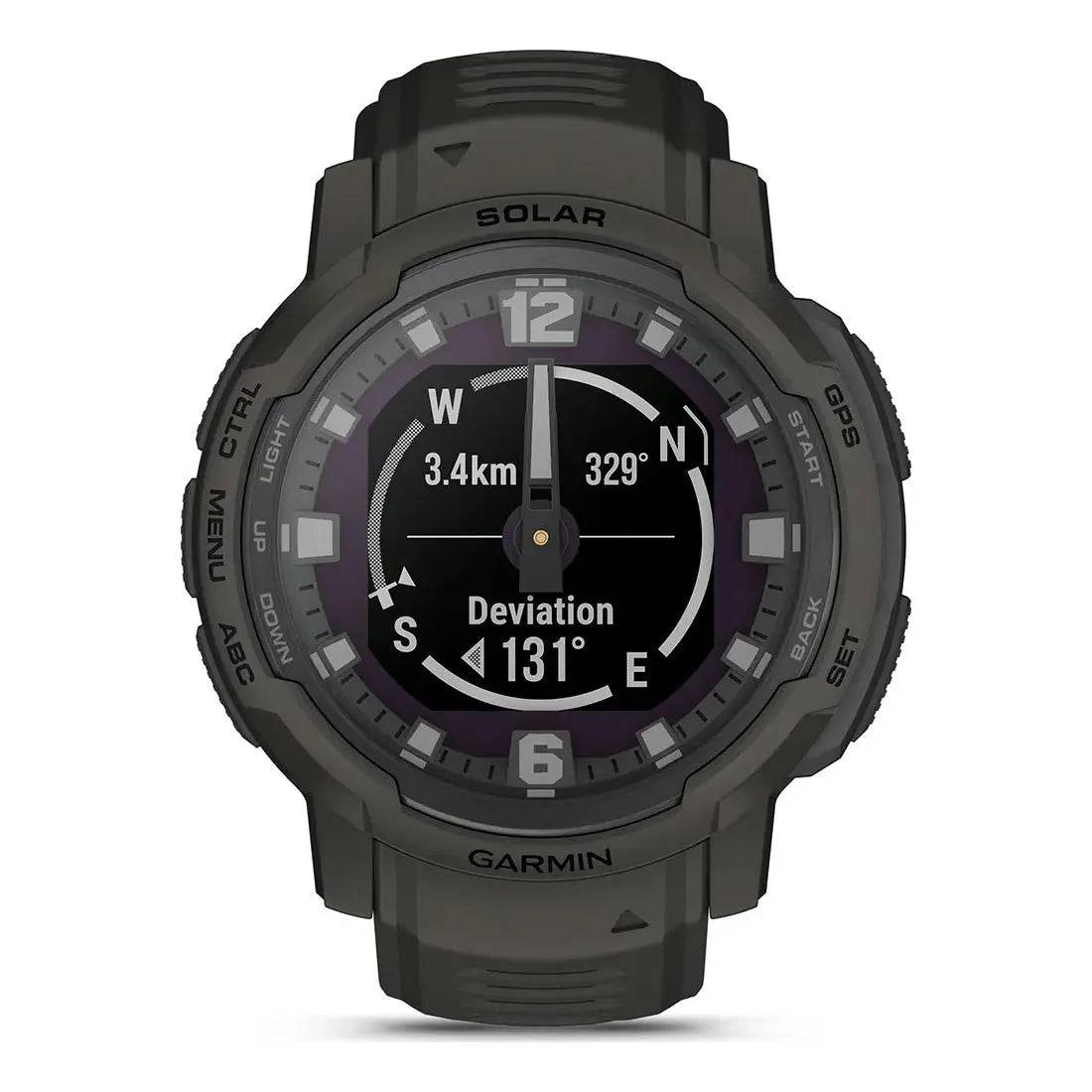 Garmin Instinct Crossover Solar Smartwatch with a digital compass and deviation tracking, perfect for navigation and adventure sports.