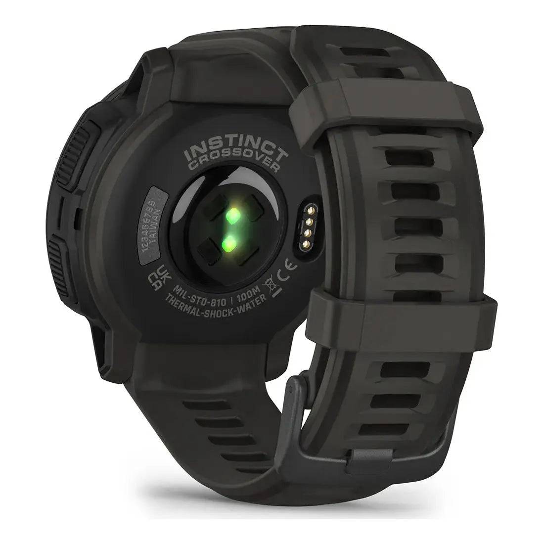 Back view of Garmin Instinct Crossover Solar Smartwatch, featuring heart rate sensors and charging port for advanced health tracking and convenience.