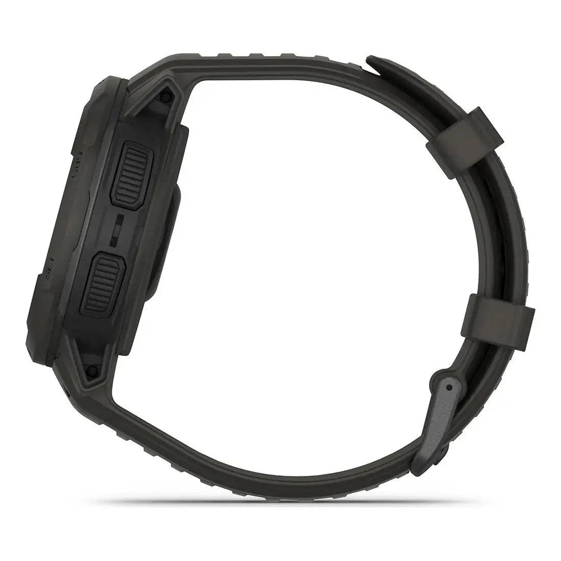 Side profile of Garmin Instinct Crossover Solar Smartwatch, highlighting its robust design and comfortable strap for all-day wear.