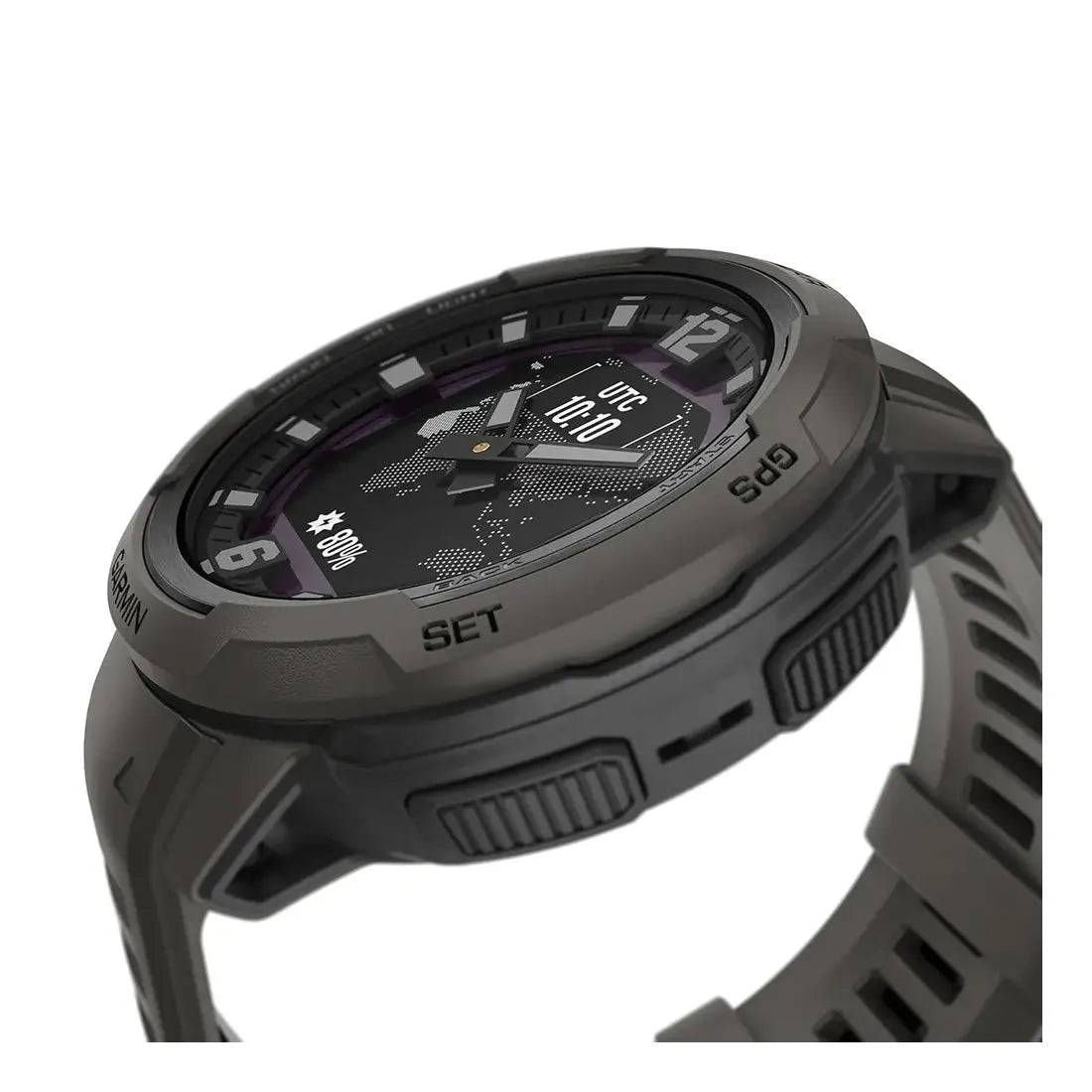 Close-up side view of Garmin Instinct Crossover Solar Smartwatch, showcasing its rugged buttons and durable construction for extreme conditions.