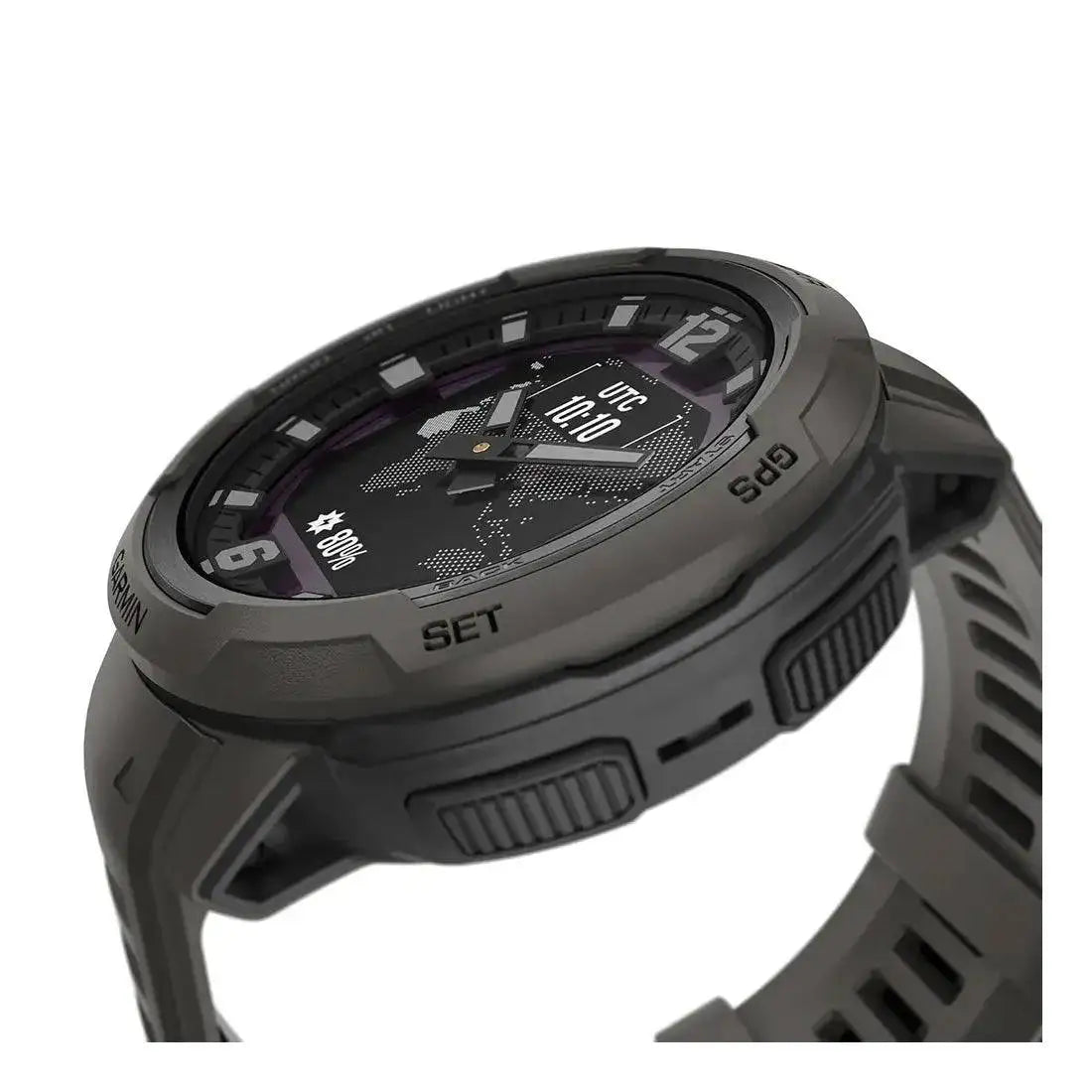 Close-up side view of Garmin Instinct Crossover Solar Smartwatch, showcasing its rugged buttons and durable construction for extreme conditions. from John Bull Clothing