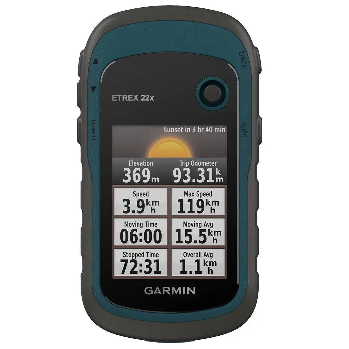 Garmin eTrex 22x GPS device with a sunlight-readable 2.2-inch color display, showing trip odometer, speed, and elevation data for outdoor navigation. from John Bull Clothing